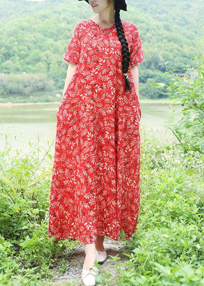 Vivid V Neck Linen Long Shirts Catwalk Red Print Maxi Dresses Summer