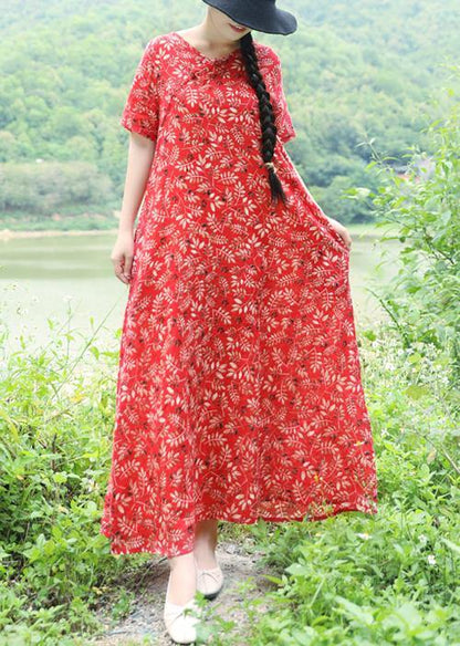 Vivid V Neck Linen Long Shirts Catwalk Red Print Maxi Dresses Summer