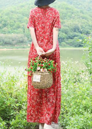 Vivid V Neck Linen Long Shirts Catwalk Red Print Maxi Dresses Summer