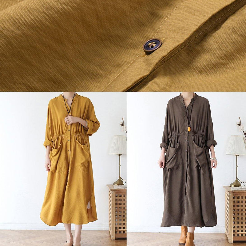 Vivid V Neck Pockets Cotton Spring Tunic Dress Sewing Yellow Kaftan Dress