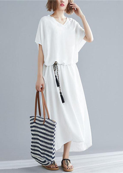 Vivid V Neck Pockets Linen Summer Robes Shape White Dresses