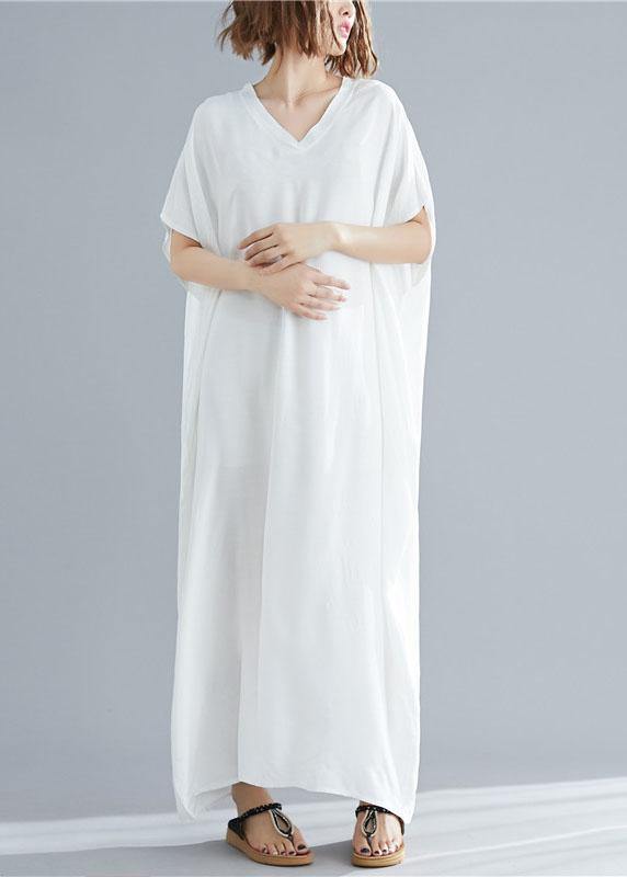 Vivid V Neck Pockets Linen Summer Robes Shape White Dresses