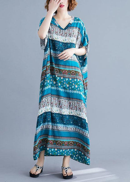 Vivid V Neck Short Sleeve Cotton Quilting Clothes Blue Print Maxi Dresses