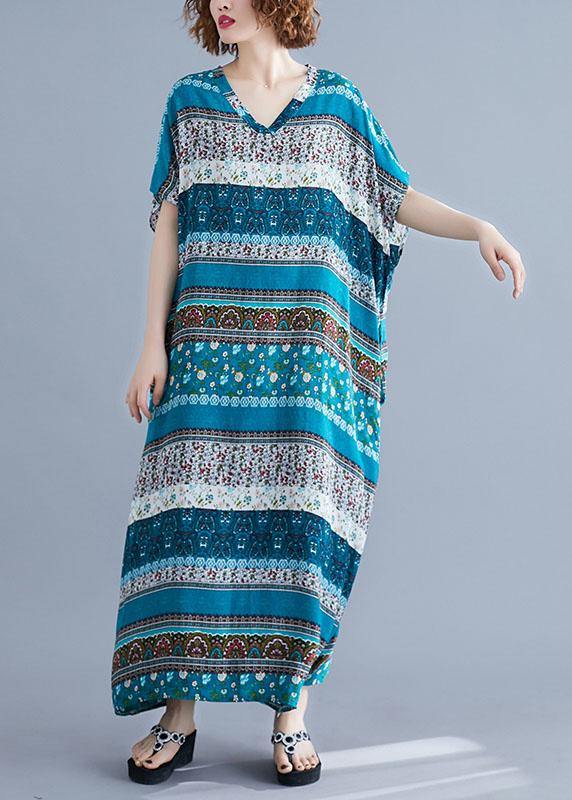 Vivid V Neck Short Sleeve Cotton Quilting Clothes Blue Print Maxi Dresses