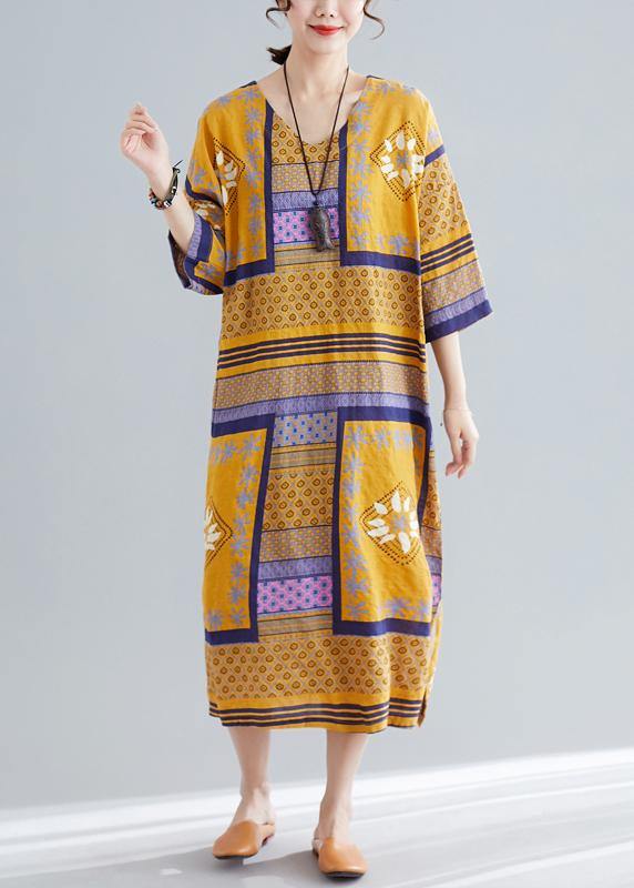 Vivid V Neck Side Open Cotton Quilting Dresses Tutorials Yellow Print Long Dresses Summer