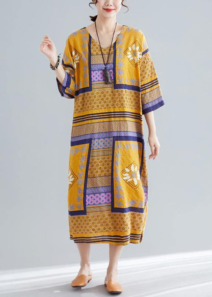 Vivid V Neck Side Open Cotton Quilting Dresses Tutorials Yellow Print Long Dresses Summer
