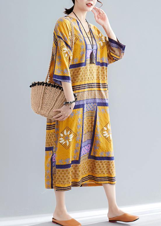 Vivid V Neck Side Open Cotton Quilting Dresses Tutorials Yellow Print Long Dresses Summer