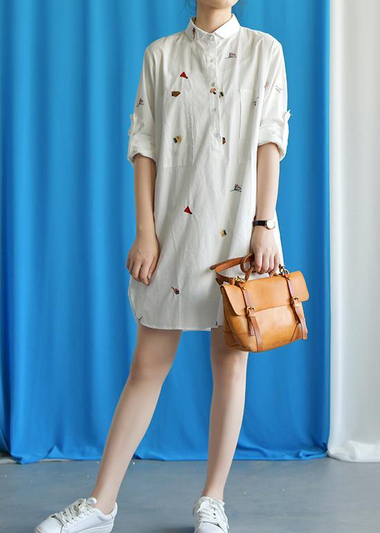 Vivid White Cotton Quilting Clothes Embroidery Loose Fall Dress