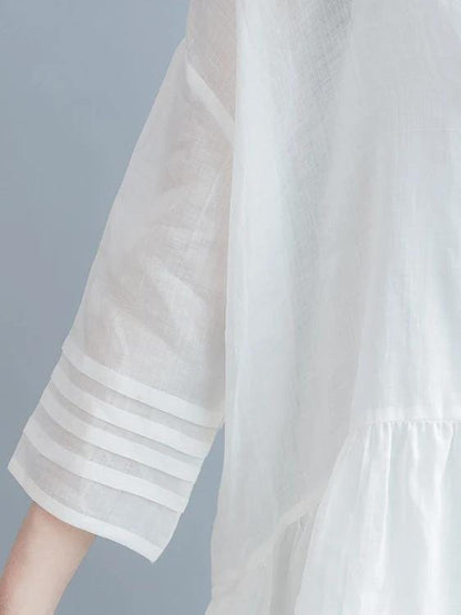 Vivid White Cotton Tunic Dress V Neck Half Sleeve Short Dresses