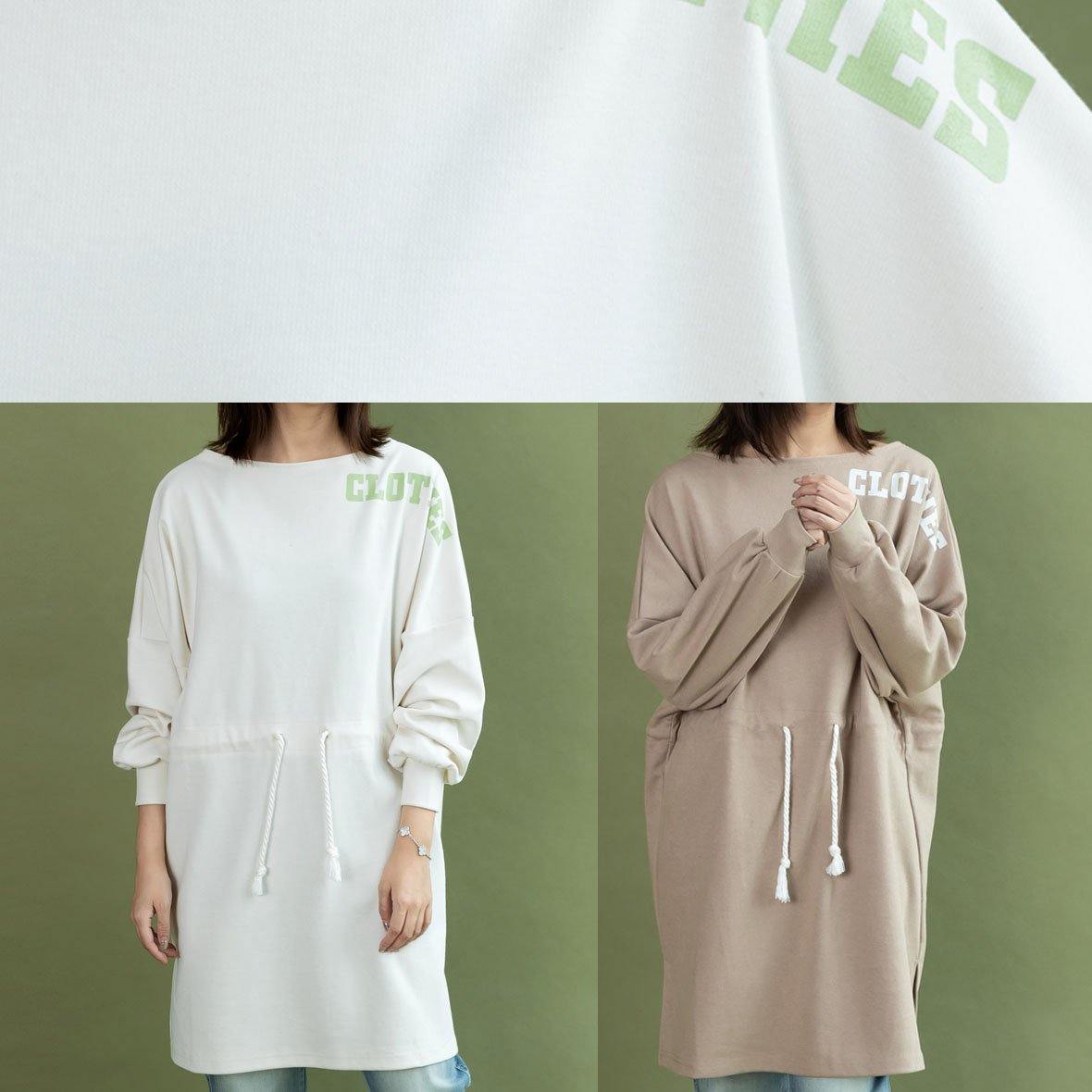 Vivid White Cotton Tunic Top Drawstring Side Open Baggy Fall Dress