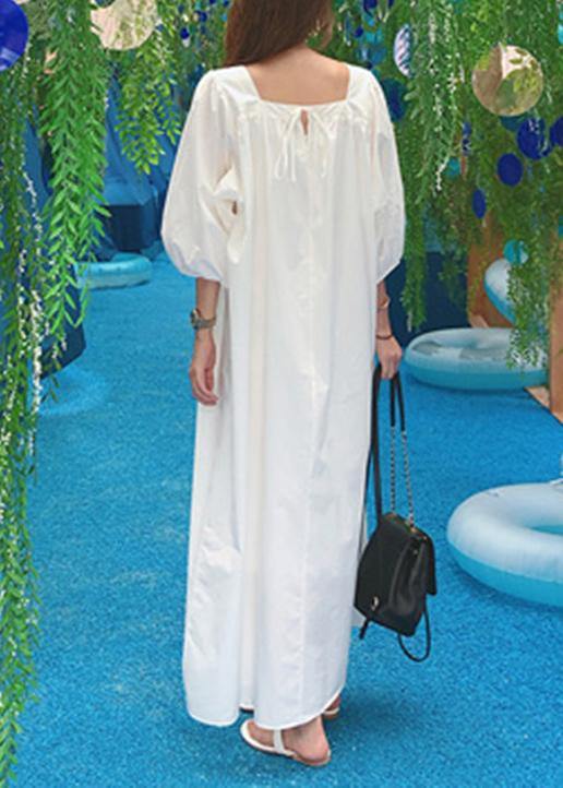 Vivid White Cotton Clothes O Neck Bow Maxi Summer Dress