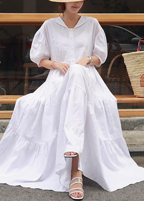 Vivid White Linen Clothes for Peter Pan Collar Ruffles Long Dress