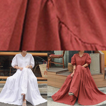 Vivid White Linen Clothes for Peter Pan Collar Ruffles Long Dress