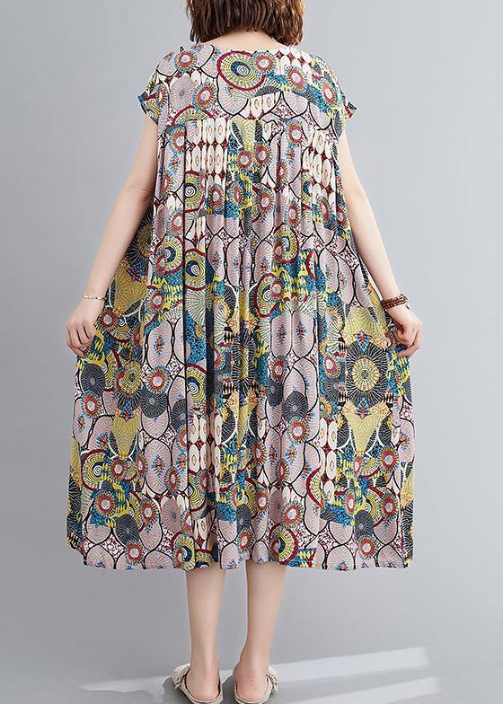 Vivid Yellow Print Outfit O Neck Cinched Baggy Summer Dress