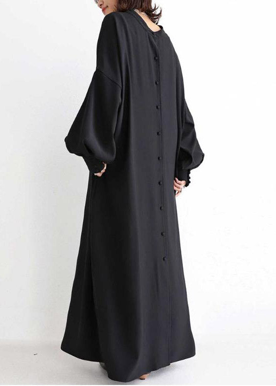 Vogue Black O-neck Button Maxi Dress Long Sleeve