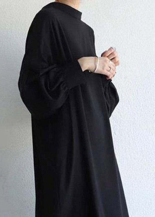 Vogue Black O-neck Button Maxi Dress Long Sleeve
