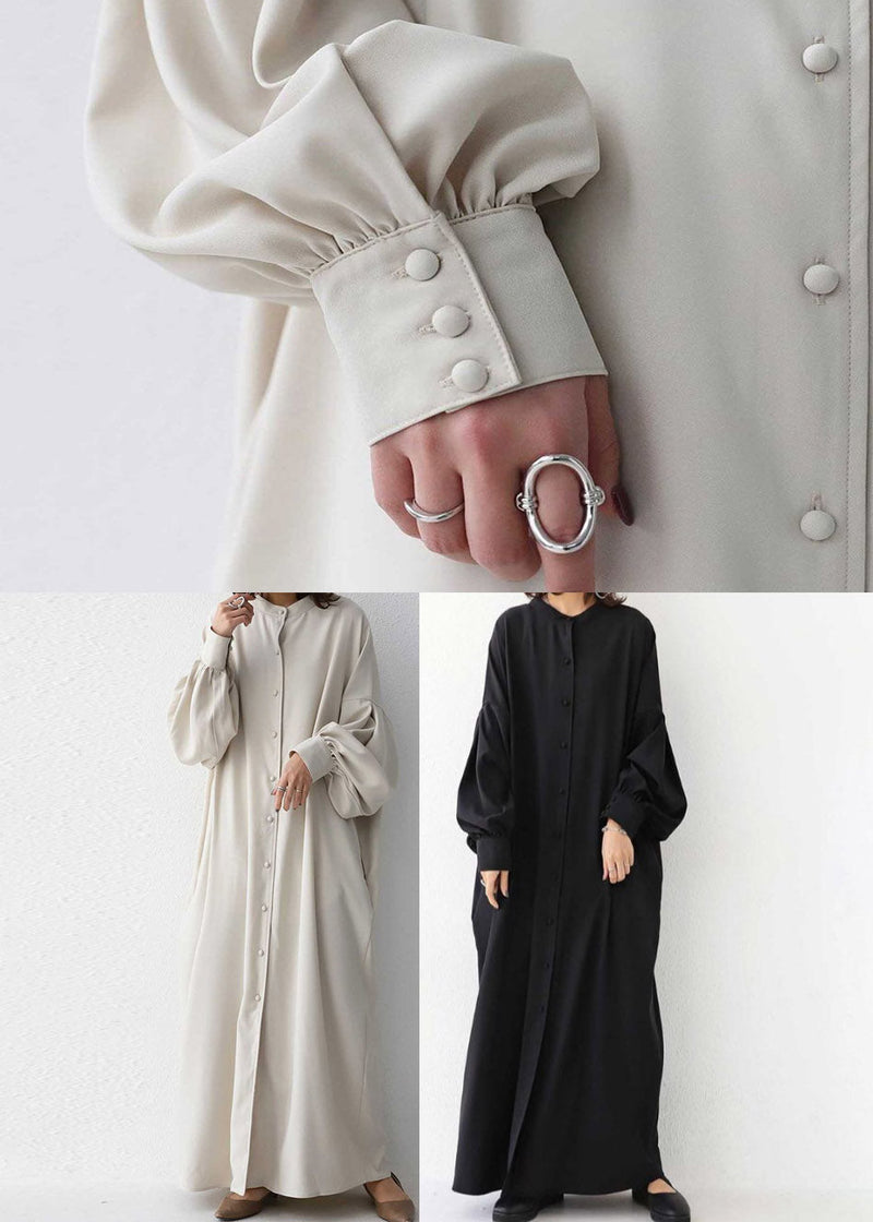 Vogue Black O-neck Button Maxi Dress Long Sleeve