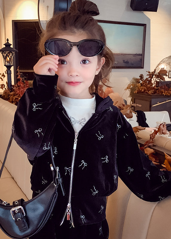 Vogue Black Print Silk Velour Kids Hooded Coats and Pants Two Pieces Set Spring
