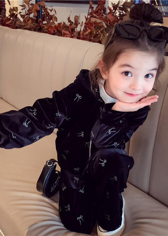 Vogue Black Print Silk Velour Kids Hooded Coats and Pants Two Pieces Set Spring