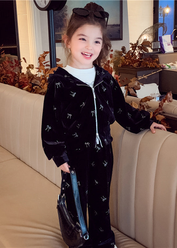 Vogue Black Print Silk Velour Kids Hooded Coats and Pants Two Pieces Set Spring