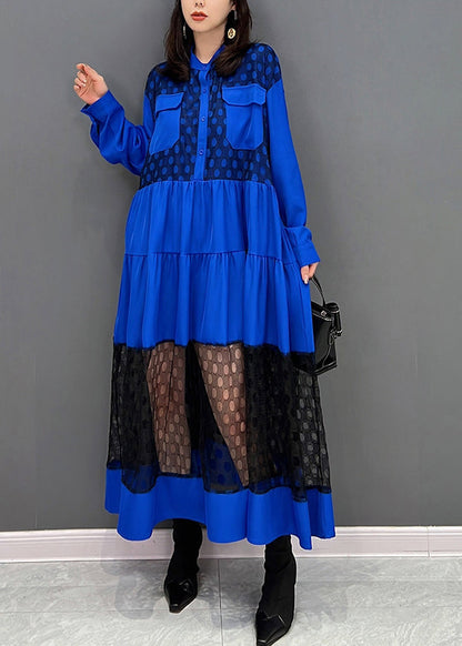 Vogue Blue O-neck Dot Patchwork Wrinkled Tulle Maxi Dresses Fall