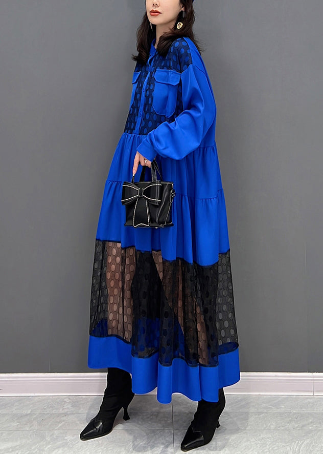 Vogue Blue O-neck Dot Patchwork Wrinkled Tulle Maxi Dresses Fall