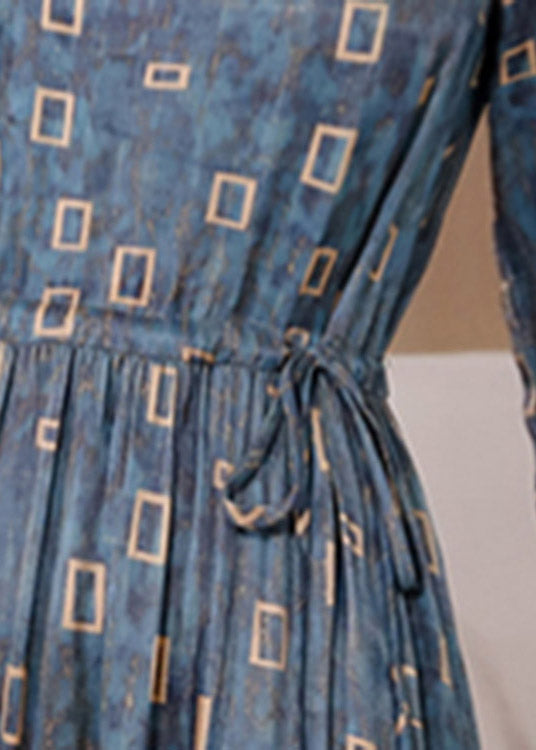 Vogue Blue O-neck Plaid Drawstring Tie Waist Silk Party Dress Half Sleeve