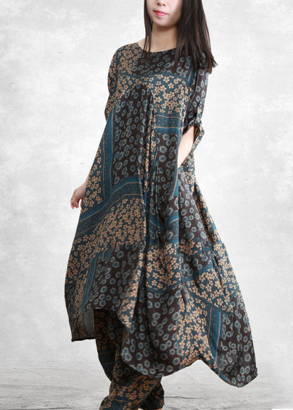 Vogue Blue O-neck Print Shirts and Wide Leg Pants Silk Two Piece Set Half Sleeve