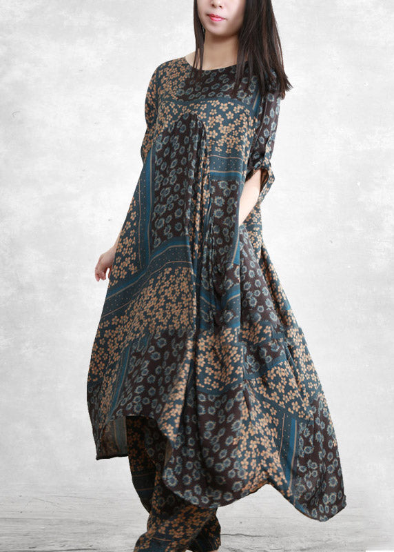 Vogue Blue O-neck Print Shirts and Wide Leg Pants Silk Two Piece Set Half Sleeve