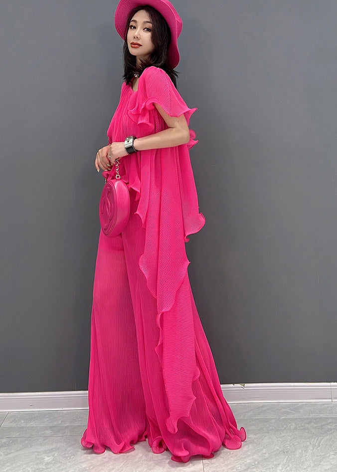 Vogue Chiffon O-neck Top and Wide Leg Pants Two Pieces Set Summer