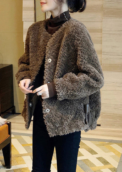 Vogue Chocolate O-neck Button Thick Faux Fur Coat Fall