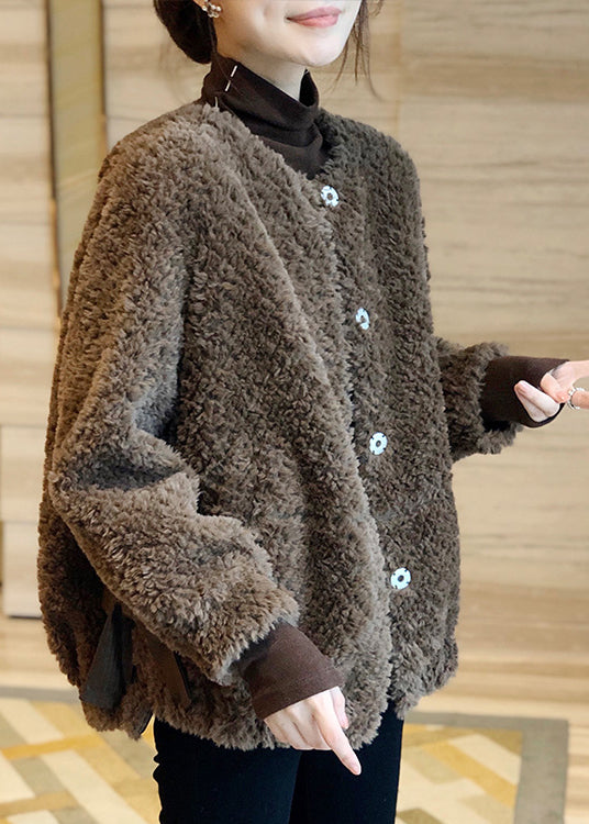 Vogue Chocolate O-neck Button Thick Faux Fur Coat Fall