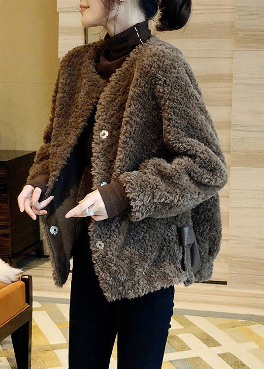 Vogue Chocolate O-neck Button Thick Faux Fur Coat Fall