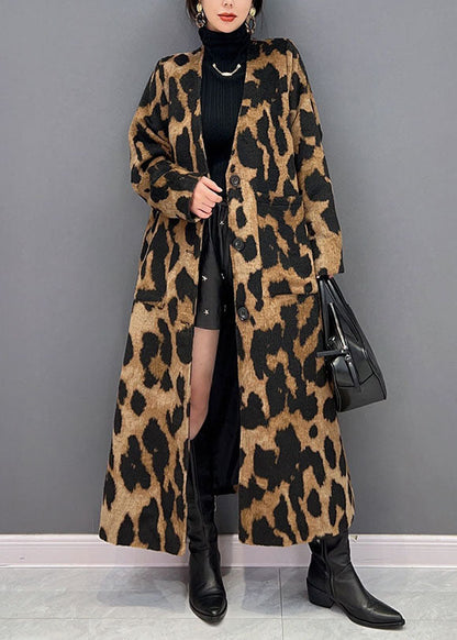 Vogue Chocolate V Neck Oversized Leopard Print Ma Hai Mao Long Coat Winter