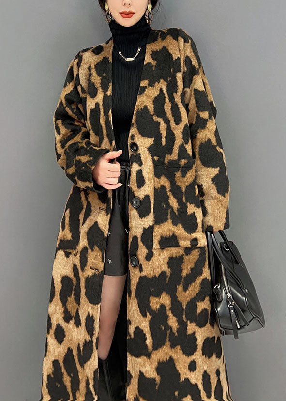 Vogue Chocolate V Neck Oversized Leopard Print Ma Hai Mao Long Coat Winter