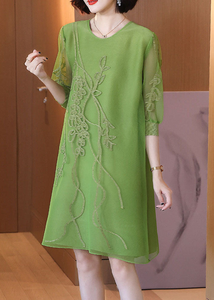 Vogue Green O-neck Embroidered Holiday Tulle Mid Dress Fall