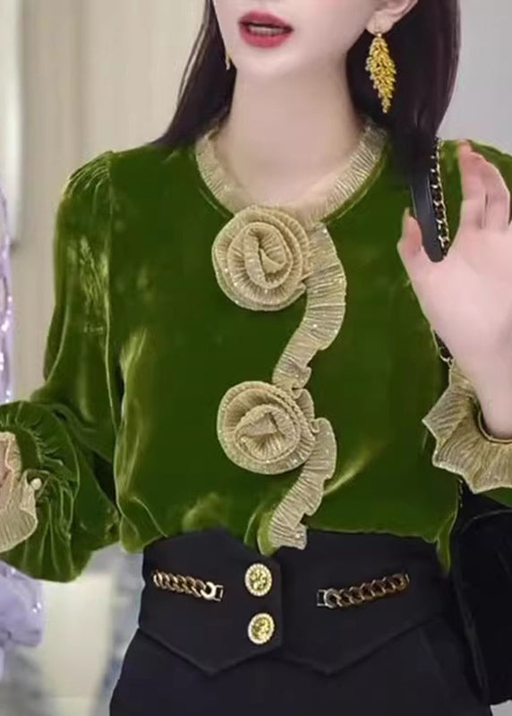 Vogue Green O-neck Silk Velour Shirt Flare Sleeve