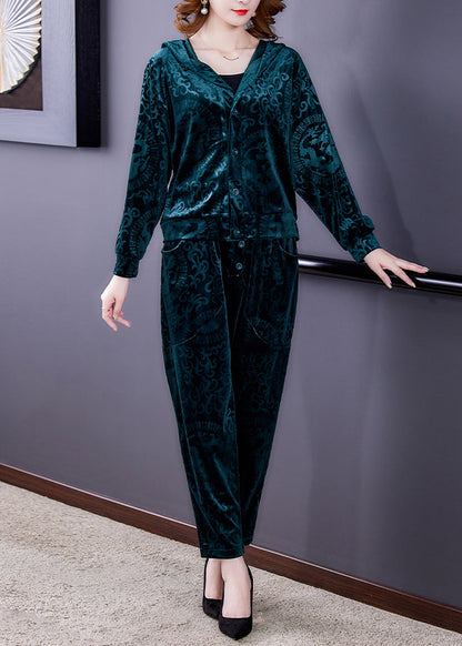 Vogue Green Print Silk Velour Hooded Coats and Harem Pants Two Pieces Set Fall