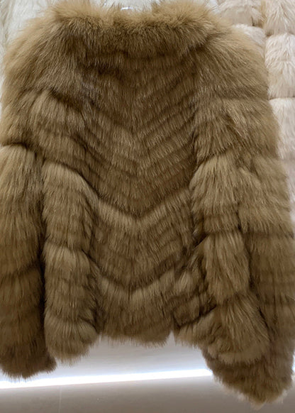 Vogue Khaki V Neck Leather and Fur Coats Winter