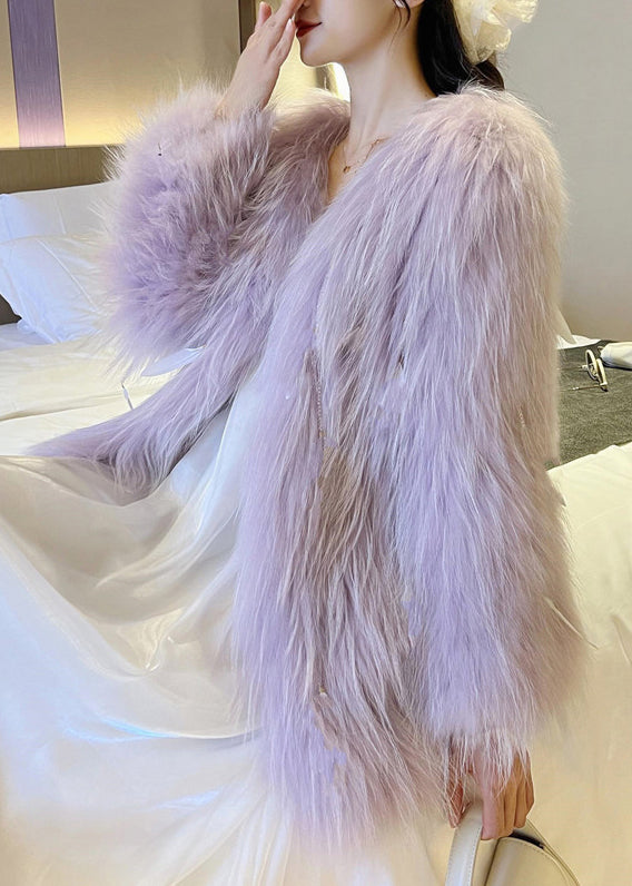 Vogue Light Green V Neck Button Leather and Fur Coat Winter