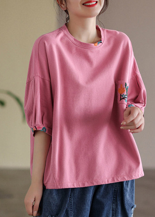 Vogue Pink O-neck Embroideried T Shirt Half Sleeve