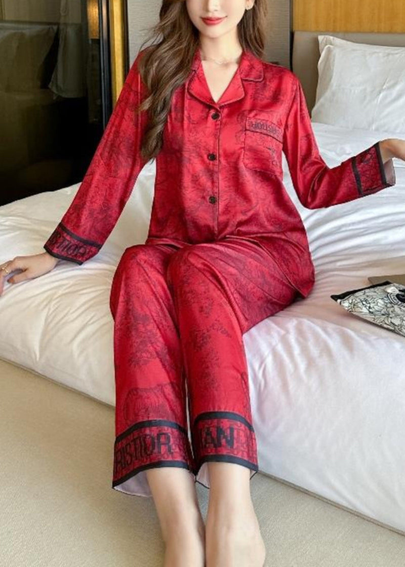 Vogue Red Print Silk Shirts and Wide Leg Pants Two Pieces Set Long Sleeve