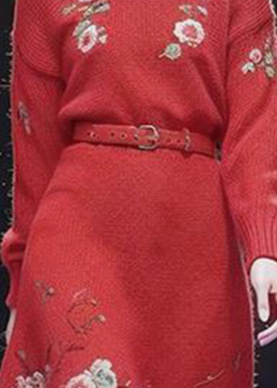 Vogue Red Turtleneck Sashes Cotton Knit Long Sweater Dress Winter
