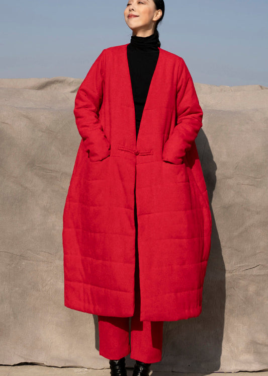 Vogue Red V Neck Warm Fleece Cotton Coats and Pants Two Pieces Set Winter