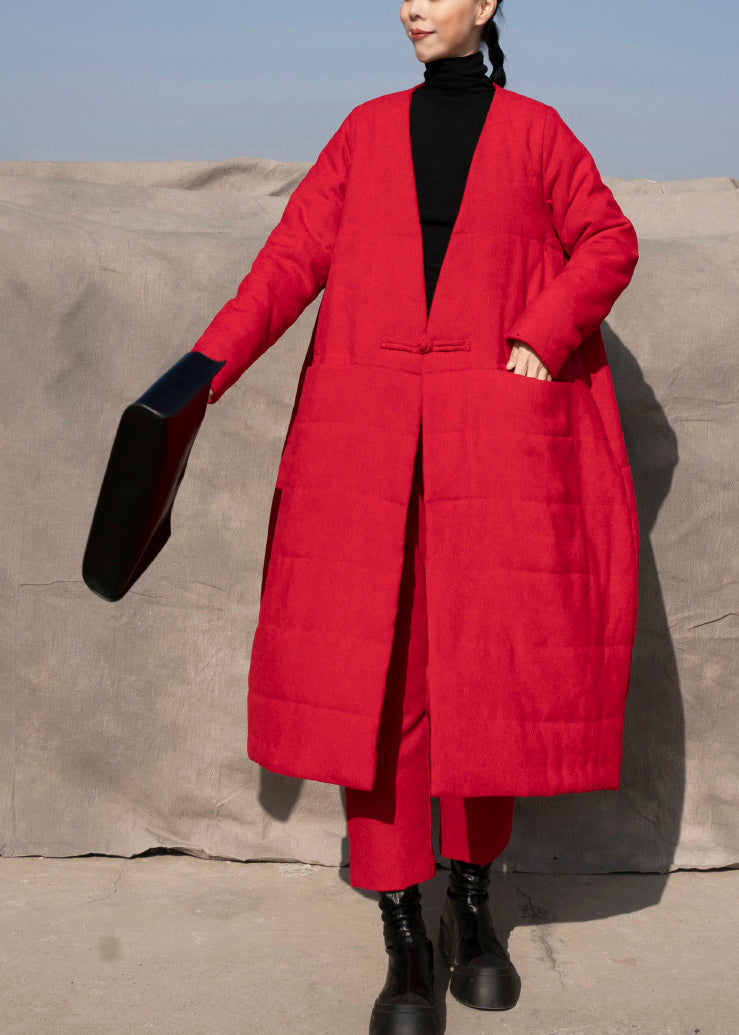Vogue Red V Neck Warm Fleece Cotton Coats and Pants Two Pieces Set Winter