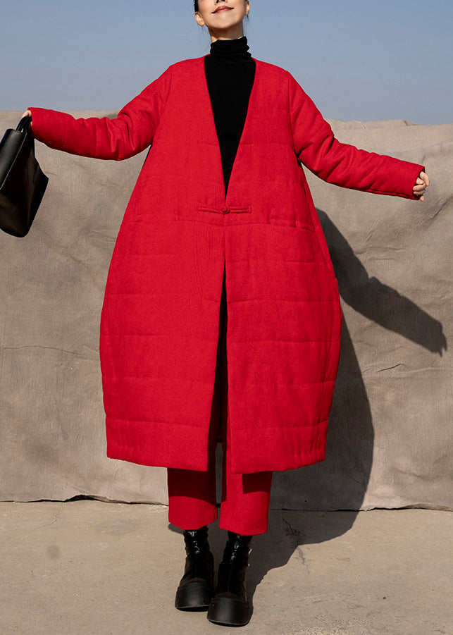 Vogue Red V Neck Warm Fleece Cotton Coats and Pants Two Pieces Set Winter