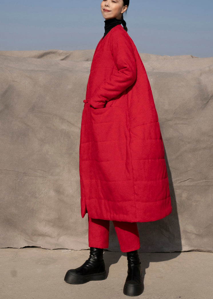 Vogue Red V Neck Warm Fleece Cotton Coats and Pants Two Pieces Set Winter