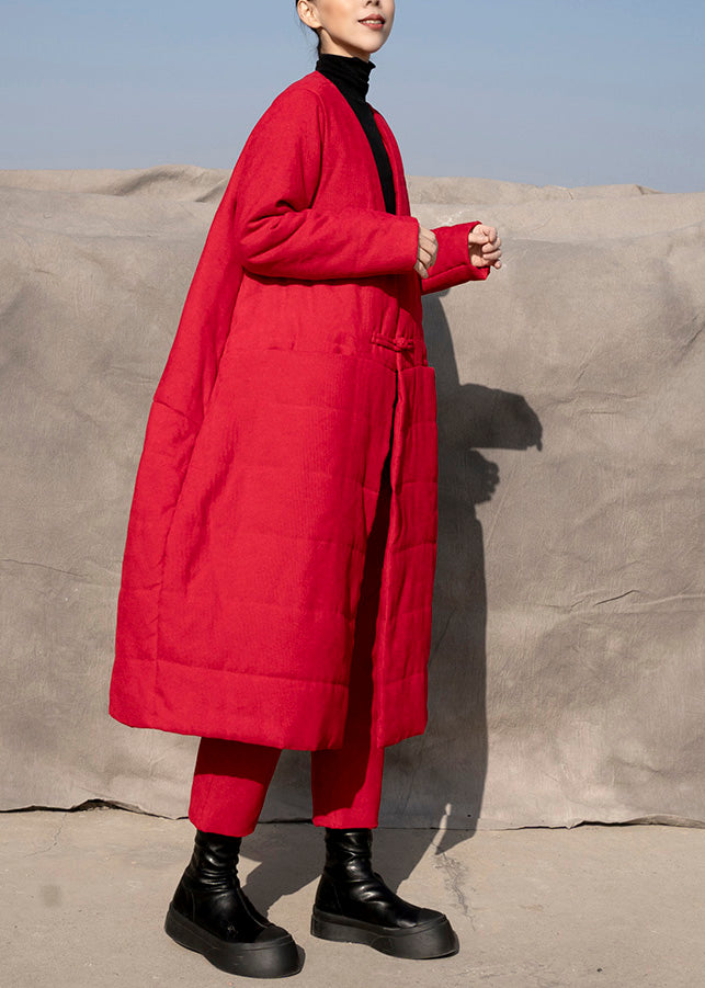 Vogue Red V Neck Warm Fleece Cotton Coats and Pants Two Pieces Set Winter