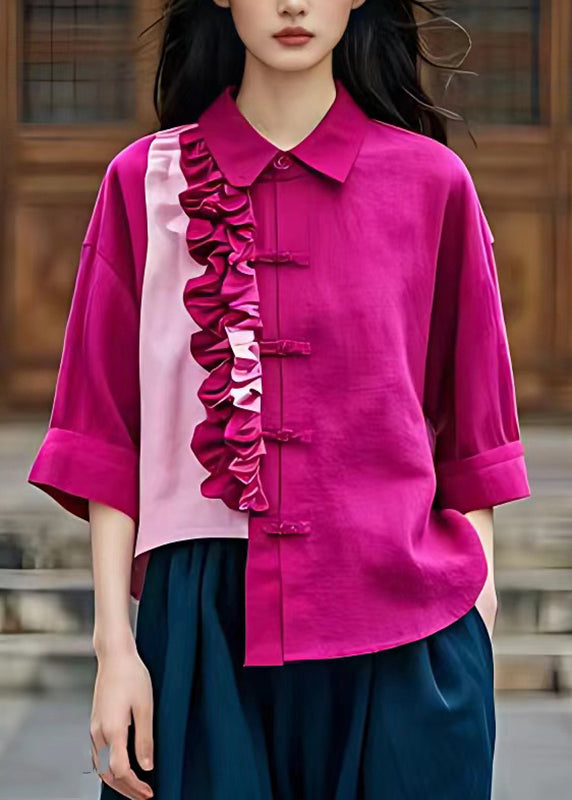 Vogue Rose Asymmetrical Ruffled Patchwork Top Fall