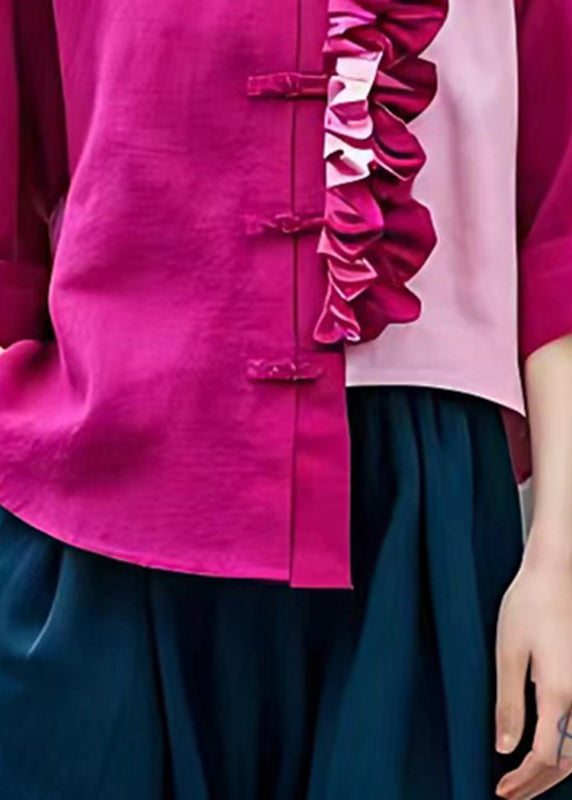 Vogue Rose Asymmetrical Ruffled Patchwork Top Fall